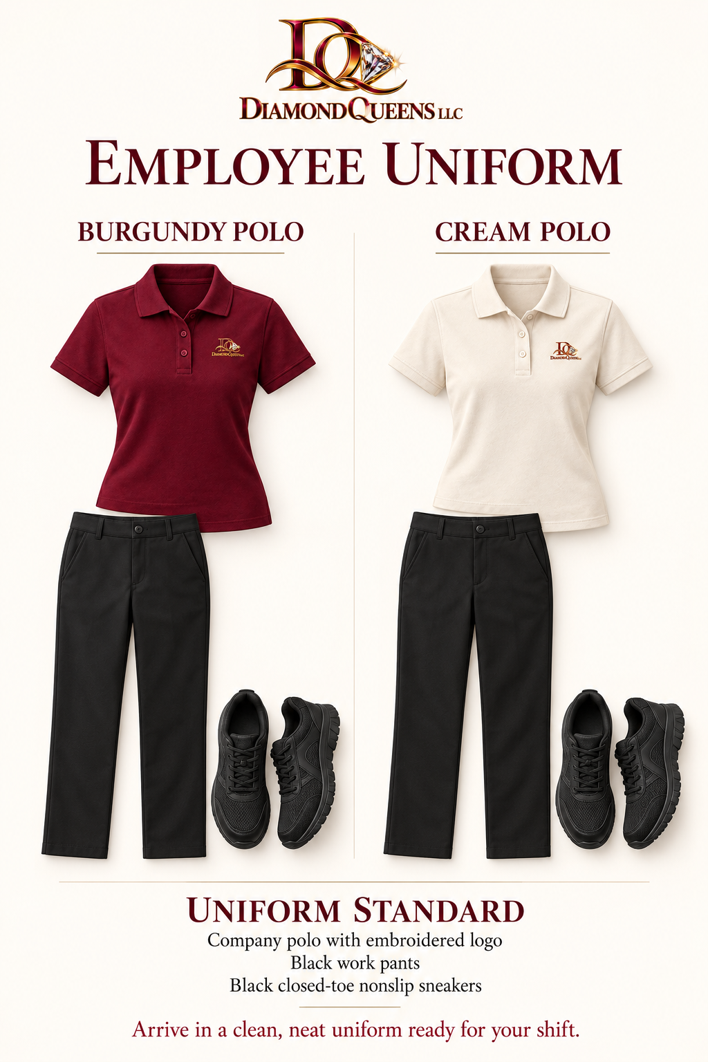 Diamond Queens LLC official team uniform — burgundy and cream branded polo